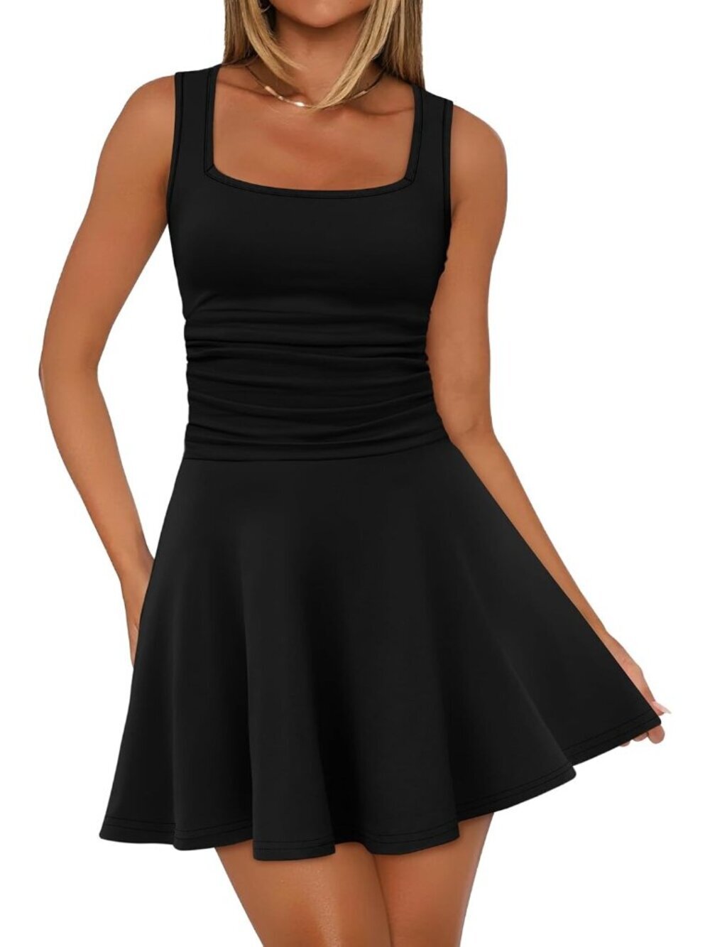 〽️Women's Black Square Neck Ruched Waist Fit Flare Pleated Pull On Mini Dress
